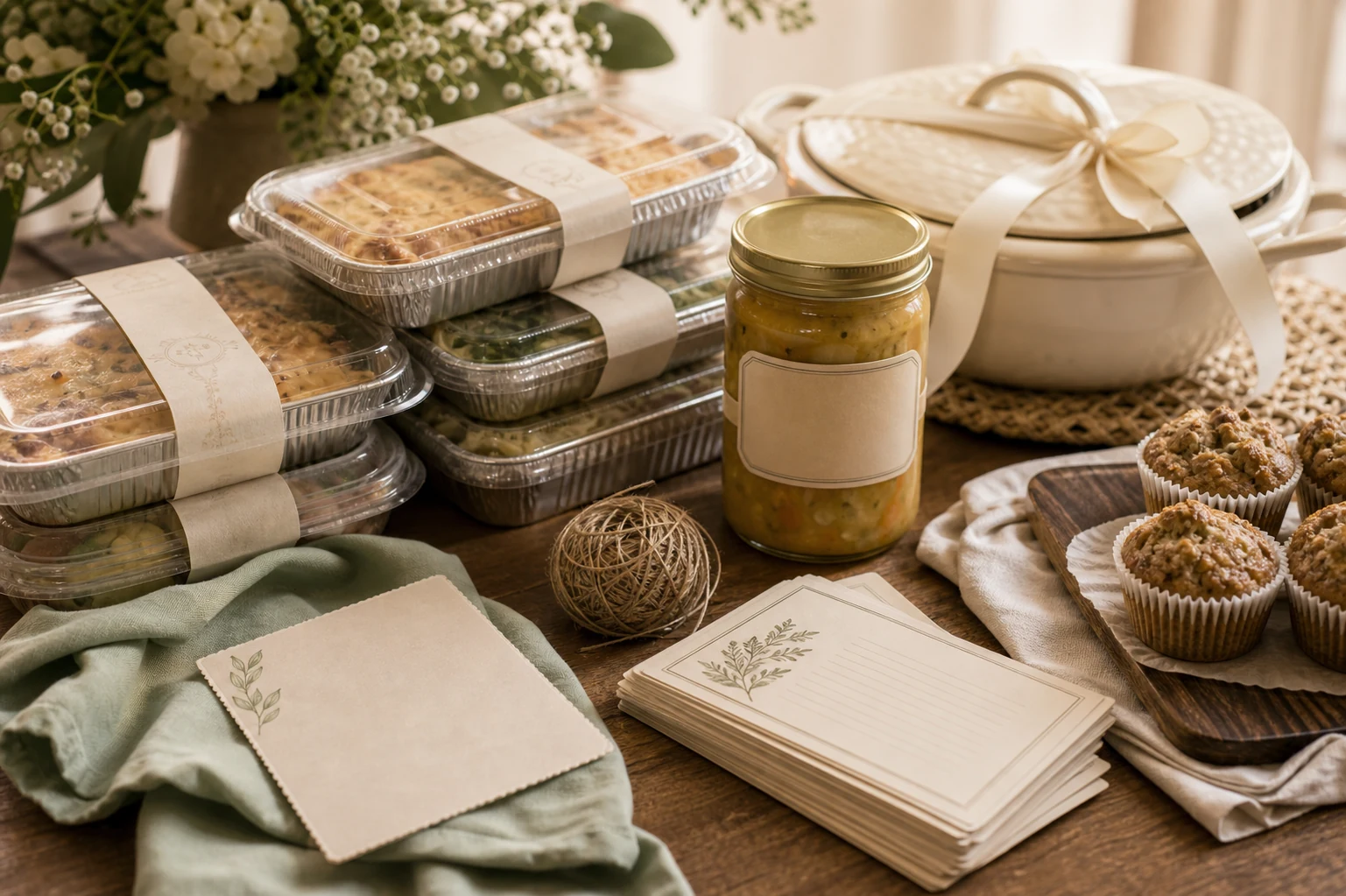 A calm new-parent meal support table with freezer meals, soup, muffins, and recipe cards