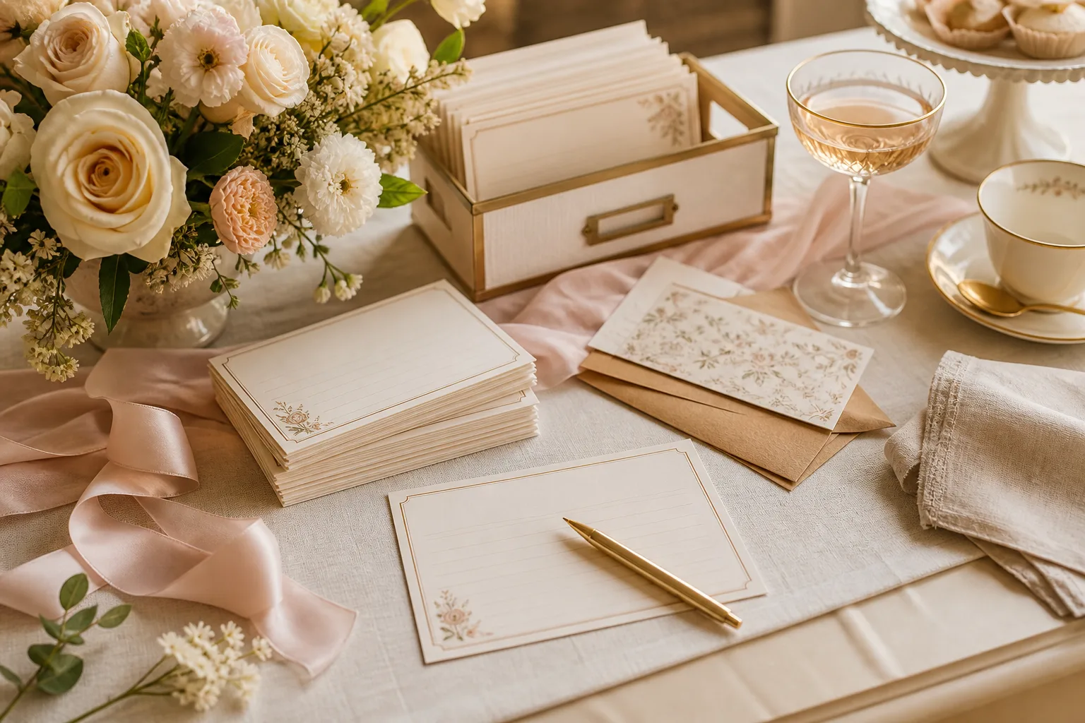 Elegant bridal shower recipe table with flowers, ribbon, and recipe cards