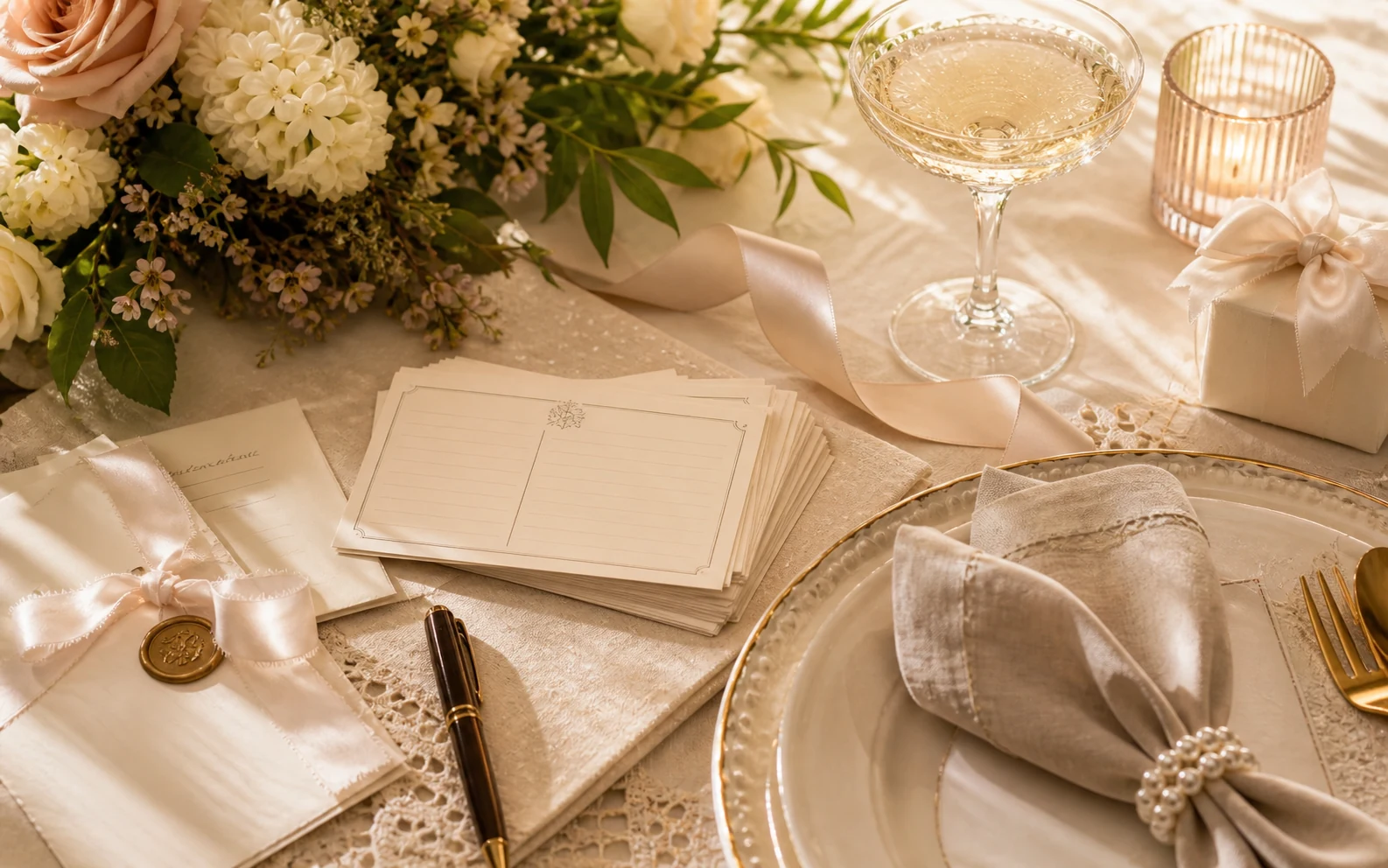 An elegant bridal shower table with florals, ribbon, place settings, and recipe cards