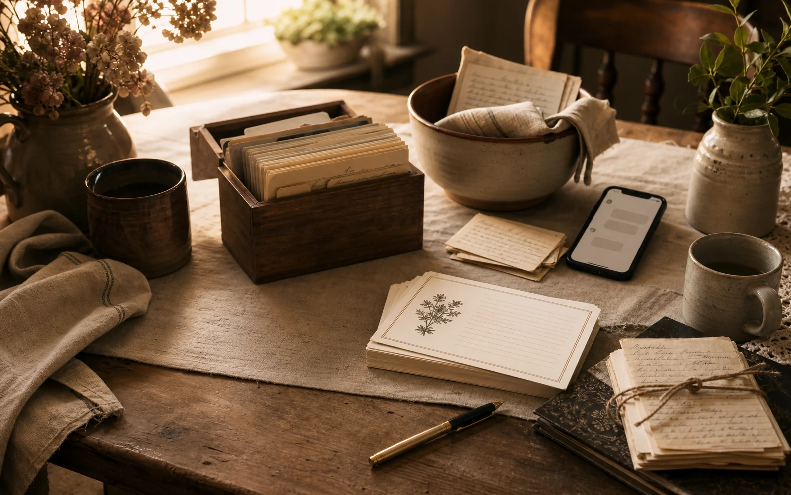 A warm shared table with recipe cards, notes, and a phone for gathering recipes