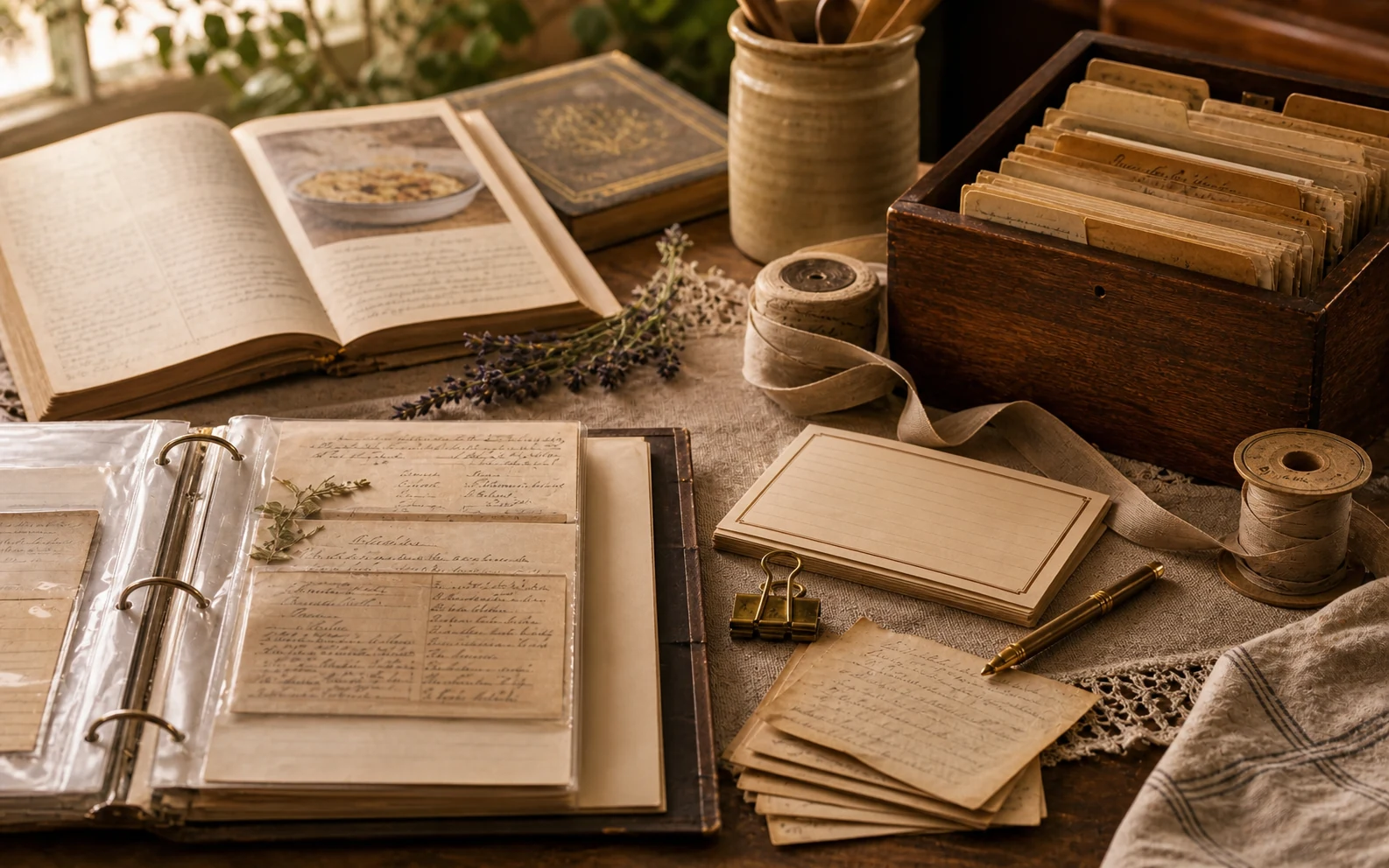 A family cookbook project table with a recipe binder, handwritten cards, and organized pages