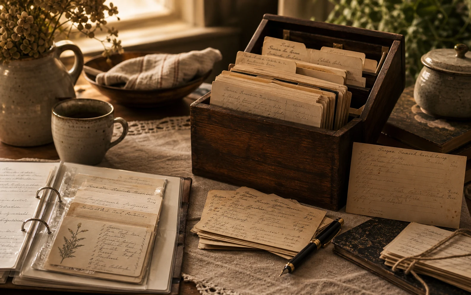 An old wooden recipe box with handwritten family recipe cards, binder pages, and notes