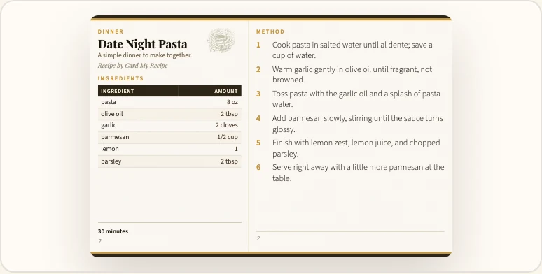 Generated 6x4 Card My Recipe card preview for Date Night Pasta