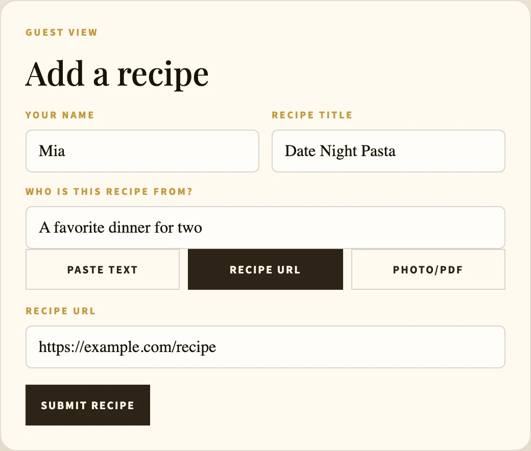 Card My Recipe guest recipe submission form with Recipe URL and Photo/PDF options