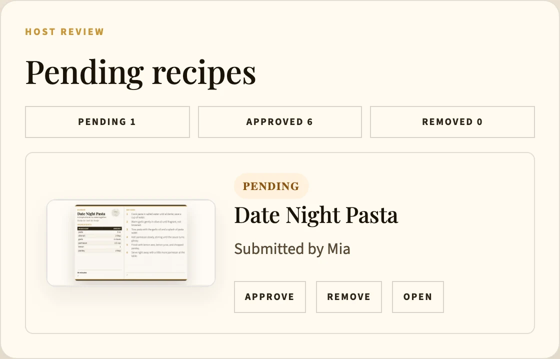 Card My Recipe host review panel with Pending, Approved, and Removed tabs