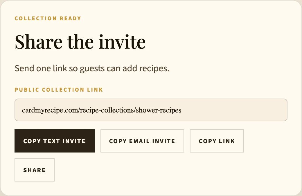 Card My Recipe invite panel with a public collection link and copy buttons
