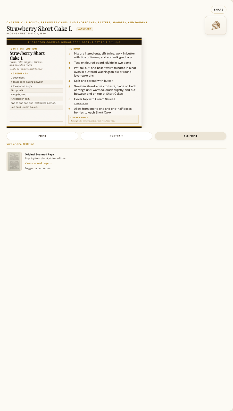 Current live Strawberry Short Cake I. recipe view from the Fannie Farmer collection