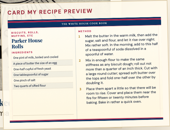 Printable recipe card for Parker House Rolls from The White House Cook Book