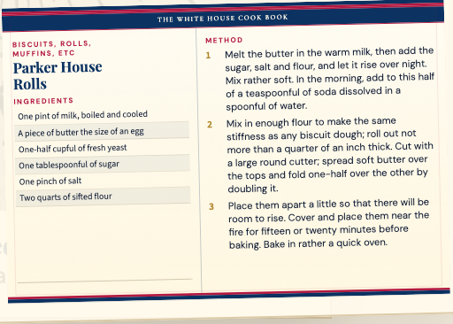 Printable recipe card for Parker House Rolls from The White House Cook Book