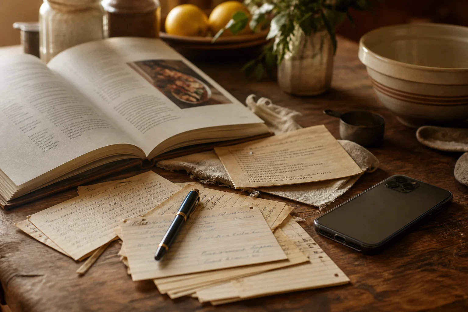 Handwritten recipe notes, a cookbook, and a phone on a warm kitchen table