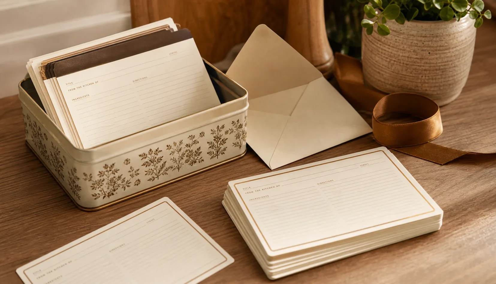 Finished recipe cards stacked near a recipe tin and envelope