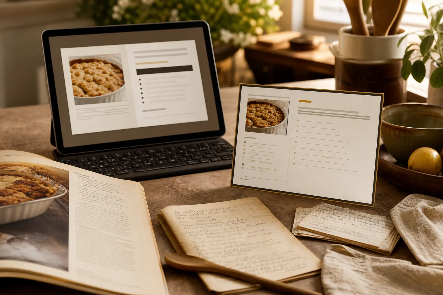 Recipe source materials beside a tablet and a formatted recipe card