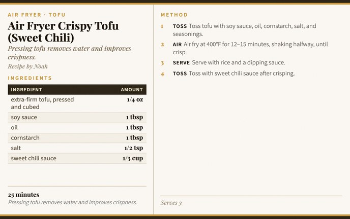 Air Fryer Crispy Tofu (Sweet Chili) recipe card