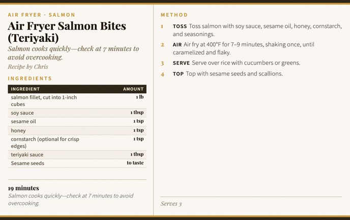 Air Fryer Salmon Bites (Teriyaki) recipe card