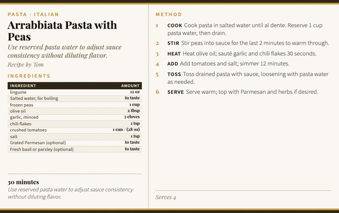 Arrabbiata Pasta with Peas recipe card