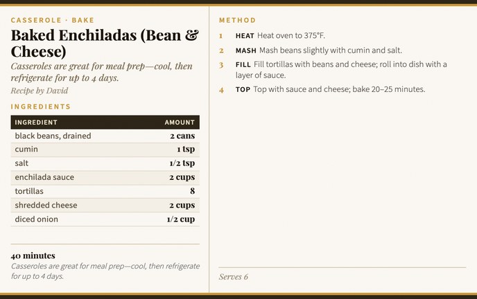 Baked Enchiladas (Bean & Cheese) recipe card