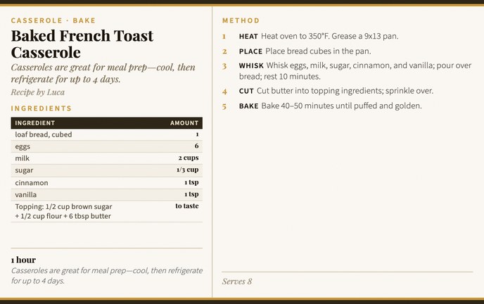 Baked French Toast Casserole recipe card