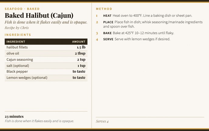 Baked Halibut (Cajun) recipe card