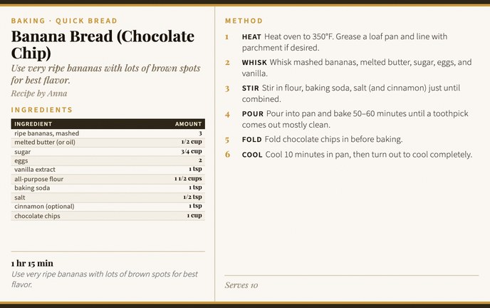 Banana Bread (Chocolate Chip) recipe card