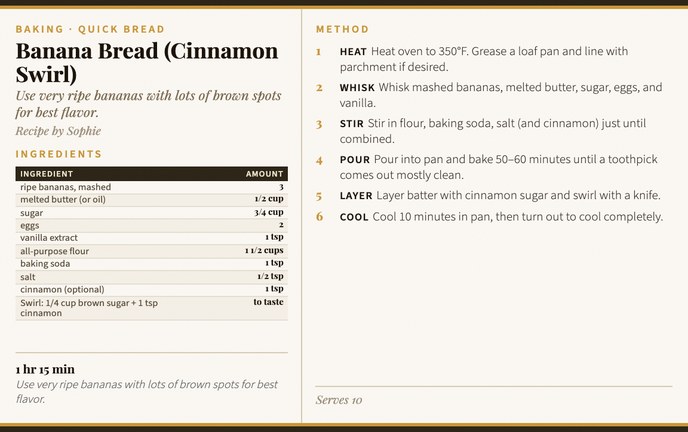 Banana Bread (Cinnamon Swirl) recipe card