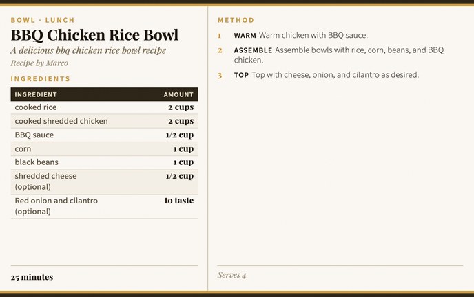 BBQ Chicken Rice Bowl recipe card