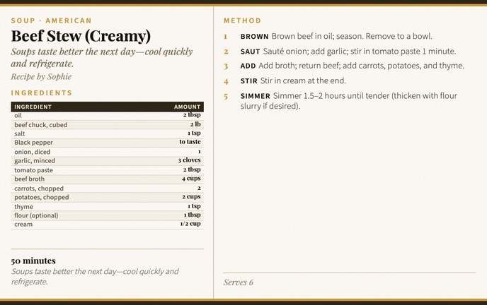 Beef Stew (Creamy) recipe card
