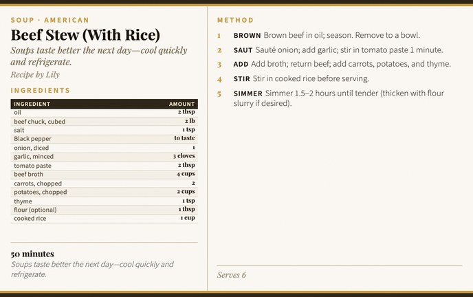 Beef Stew (With Rice) recipe card