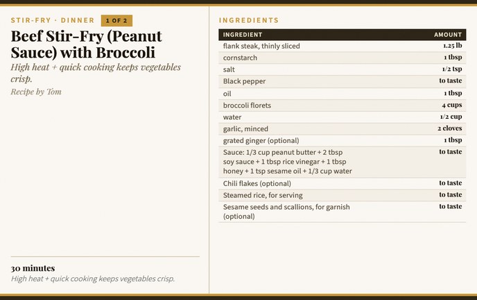 Beef Stir-Fry (Peanut Sauce) with Broccoli recipe card