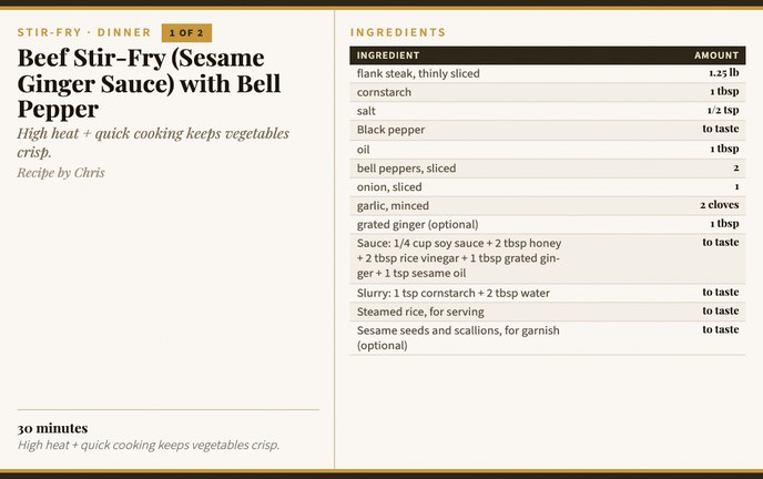 Beef Stir-Fry (Sesame Ginger Sauce) with Bell Pepper recipe card