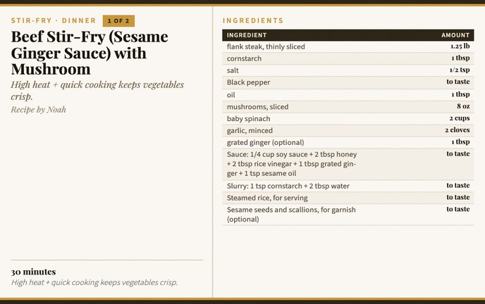 Beef Stir-Fry (Sesame Ginger Sauce) with Mushroom recipe card