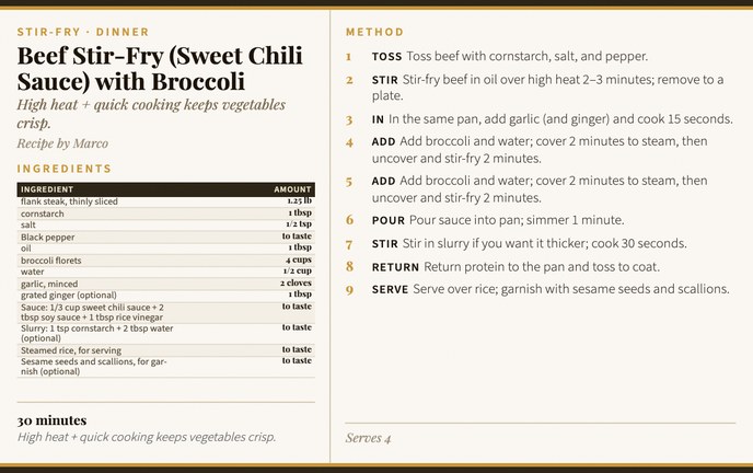 Beef Stir-Fry (Sweet Chili Sauce) with Broccoli recipe card