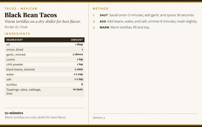 Black Bean Tacos recipe card