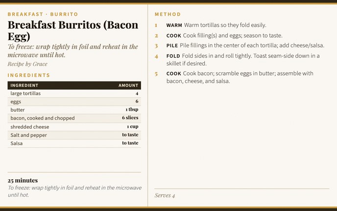 Breakfast Burritos (Bacon Egg) recipe card