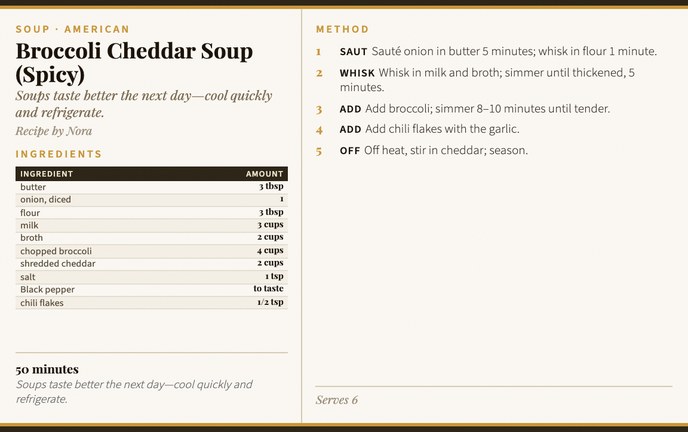 Broccoli Cheddar Soup (Spicy) recipe card