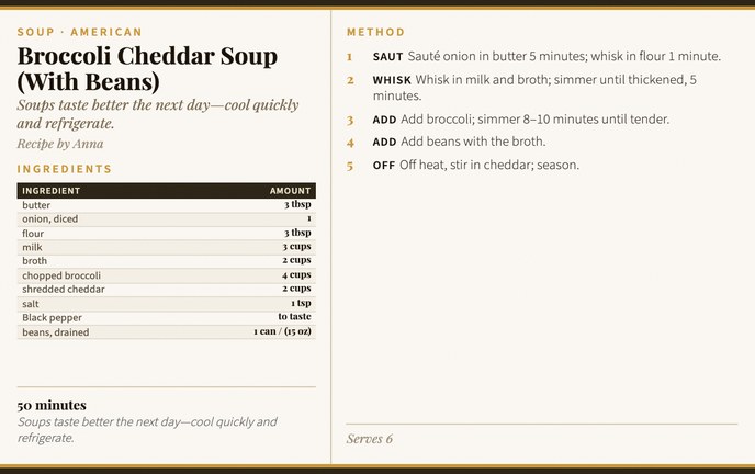 Broccoli Cheddar Soup (With Beans) recipe card