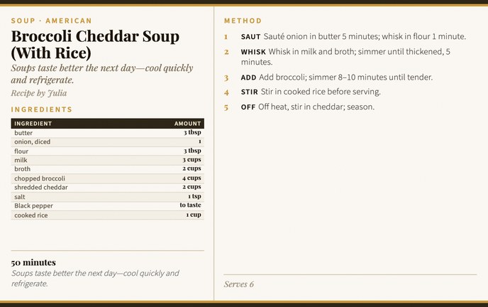 Broccoli Cheddar Soup (With Rice) recipe card