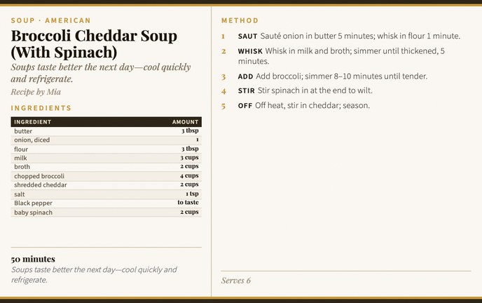 Broccoli Cheddar Soup (With Spinach) recipe card