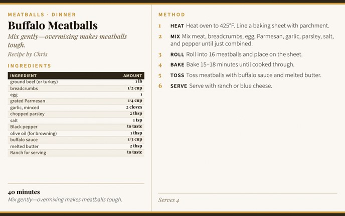 Buffalo Meatballs recipe card