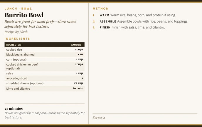 Burrito Bowl recipe card