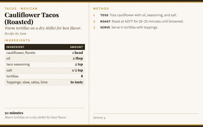 Cauliflower Tacos (Roasted) recipe card