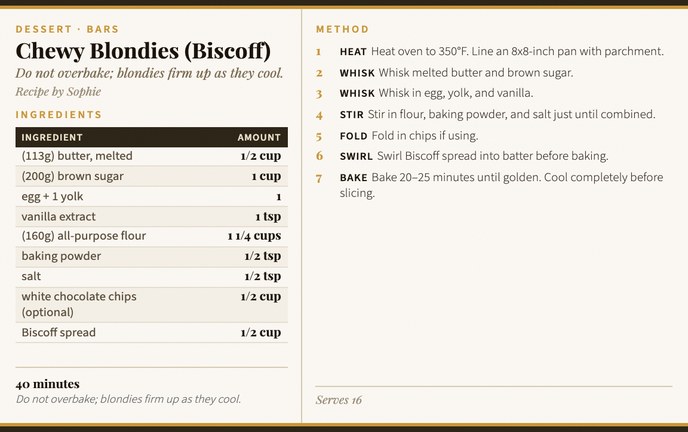 Chewy Blondies (Biscoff) recipe card