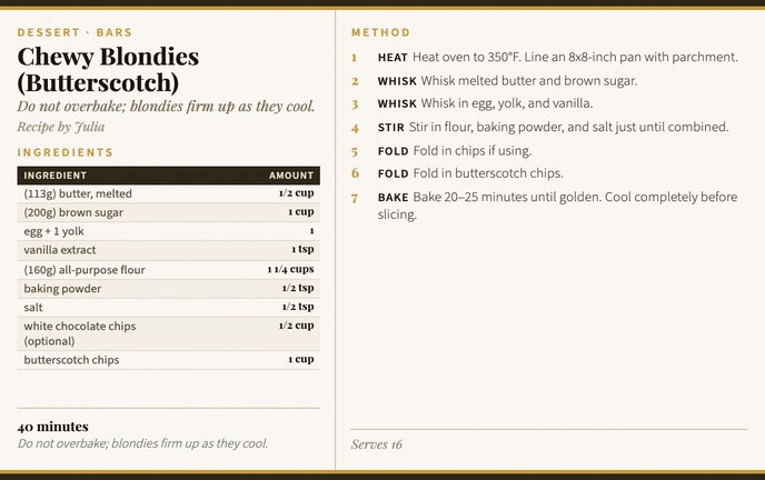 Chewy Blondies (Butterscotch) recipe card