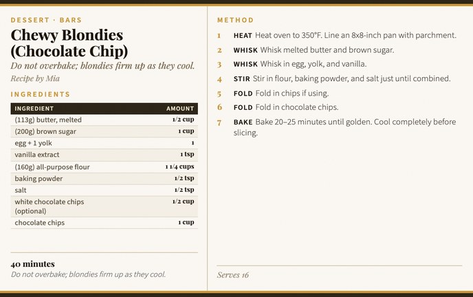 Chewy Blondies (Chocolate Chip) recipe card