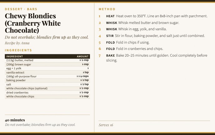 Chewy Blondies (Cranberry White Chocolate) recipe card