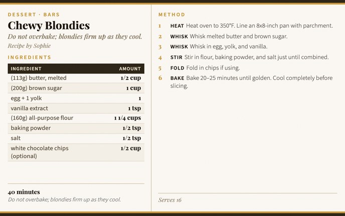 Chewy Blondies recipe card