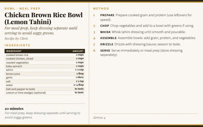 Chicken Brown Rice Bowl (Lemon Tahini) recipe card