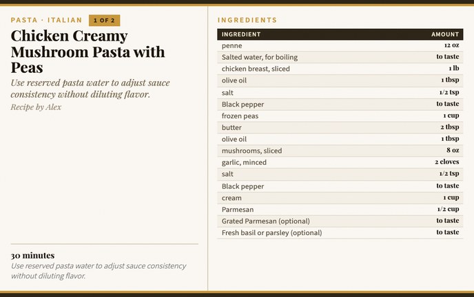 Chicken Creamy Mushroom Pasta with Peas recipe card