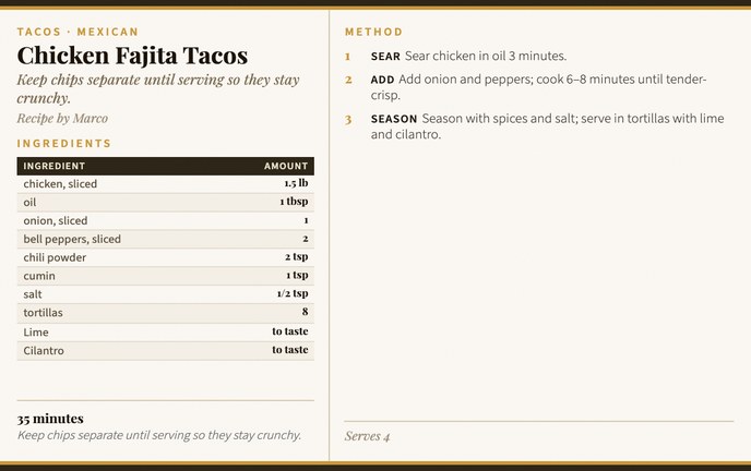 Chicken Fajita Tacos recipe card