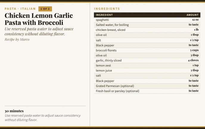 Chicken Lemon Garlic Pasta with Broccoli recipe card