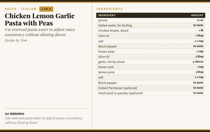Chicken Lemon Garlic Pasta with Peas recipe card